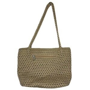 Lina Crochet Woven Shoulder Bag Braided Strap Purse Tan Beige Boho Cottage Beach